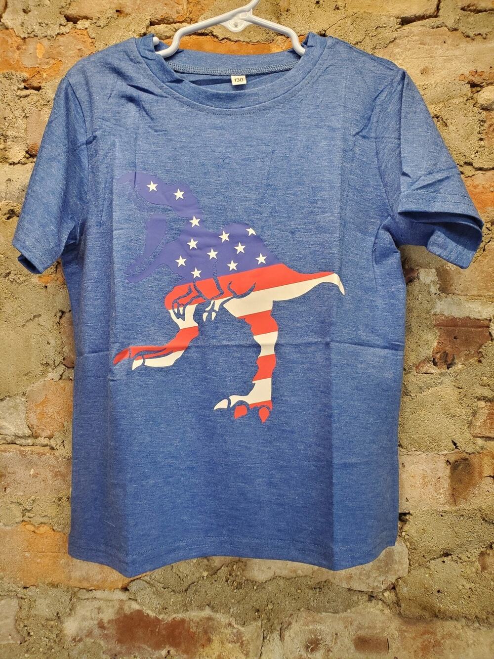 Boys T-Shirt American Flag Dinosaur Graphic Size 7 8 Blue Heather Short Sleeve